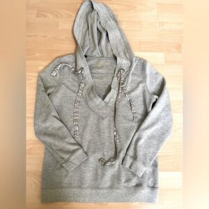 NM Neiman Marcus Gray Hooded V-Neck Sweatshirt With Tie Details Small